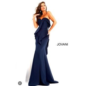 Jovani Navy Peplum Gown